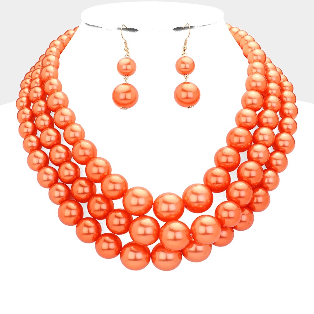 Orange Triple Strand Pearl Chunky Statement Necklace